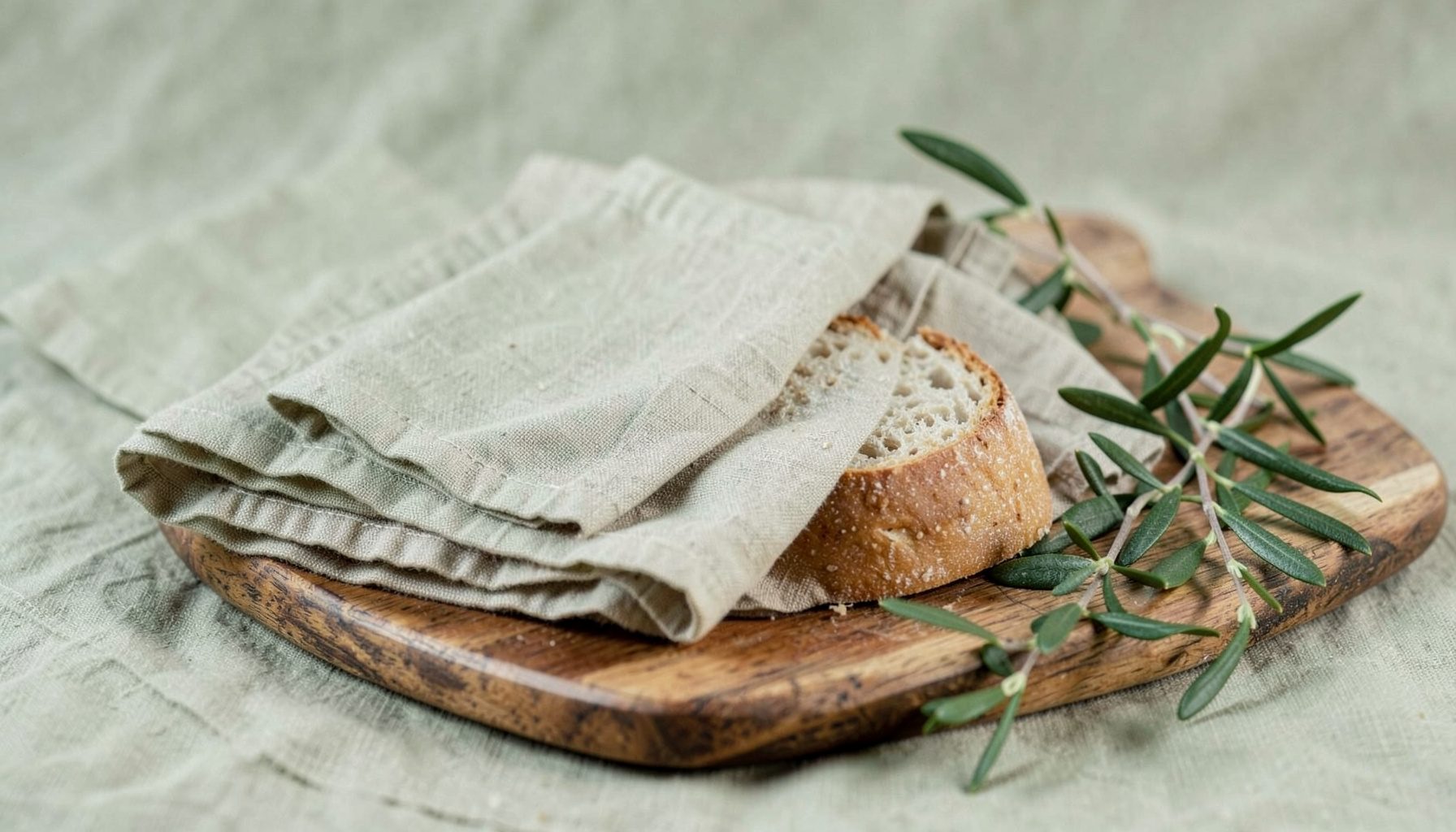 Soft editorial photograph of folded linen napkins, a small loaf of bread, and olive branches on a wooden board in muted green and beige tones