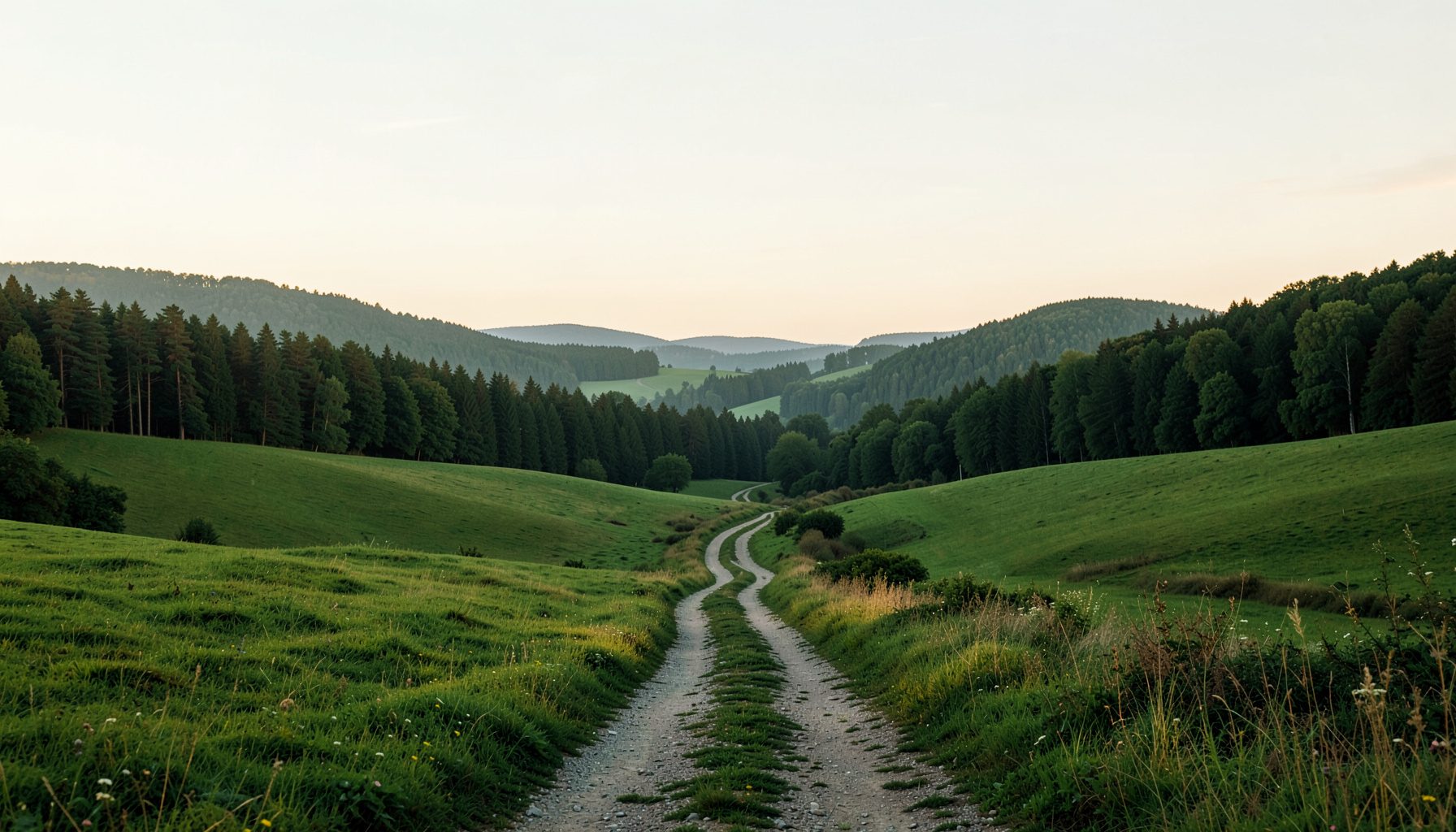 Soft morning light over a quiet European countryside with rolling green hills, a pale sky, and a winding path leading toward the horizon, in deep forest green and warm cream tones